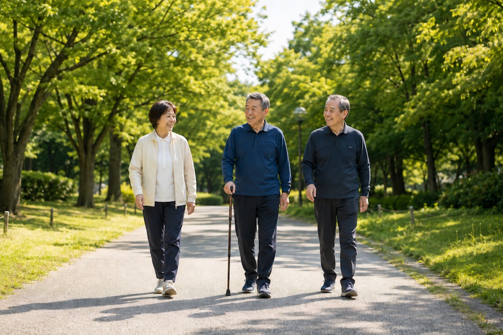 緑豊かな公園を歩く3人